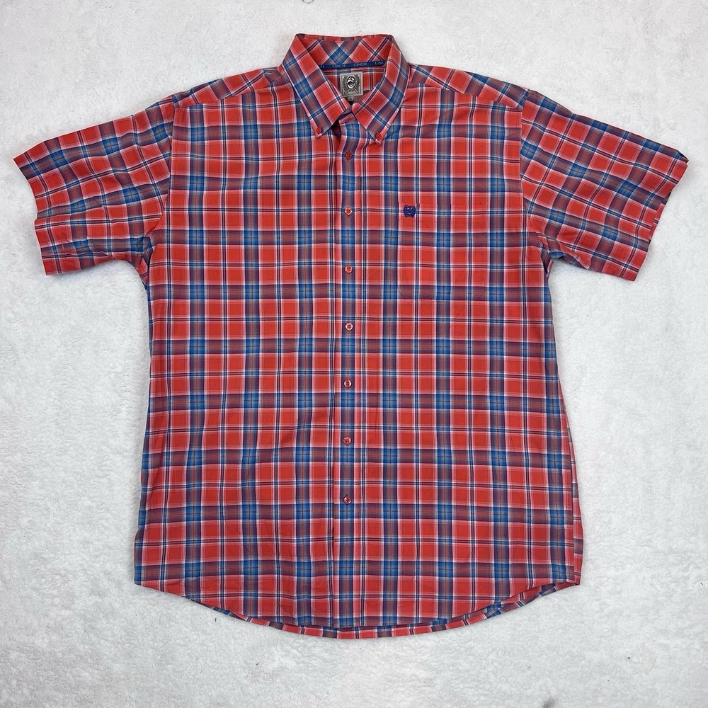 Cinch Western Shirt Mens Large Plaid Orange Blue Short Sleeve Button‎ Up Rodeo